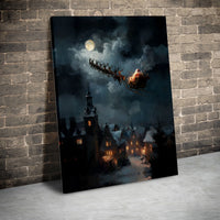 Snowy Christmas Village Canvas Wall Art, Santa Sleigh Canvas Print, Winter Night Holiday Canvas Decor, Festive Xmas Eve Wall Artwork