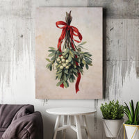 Christmas Botanical Print with Red Ribbon, Vintage Mistletoe Wall Art, Festive Holiday Poster, Digital Download Winter Wall Decor Print