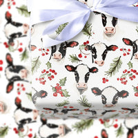 Rustic Farmhouse Holly Gift Wrap, Christmas Cow Wrapping Paper, Winter Cattle Holiday Wrapping Paper, Animal Lover Christmas Gift Wrap