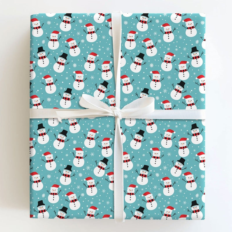 Adorable Holiday Gift Wrap, Teal Snowman Wrapping Paper, Cartoon Snowman Wrapping Paper, Festive Snowflake Gift Wrap, Christmas Wrapping Paper