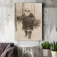 Sketch Christmas Tree Canvas Print, Vintage Santa Claus Canvas Wall Art, Retro Holiday Drawing Wall Art, Nostalgic Xmas Festive Wall Decor