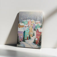 Snowy Pastel Town Winter Painting, Christmas Village Digital Canvas Print, Instant Download Vertical Wall Art, Holiday Home Decor