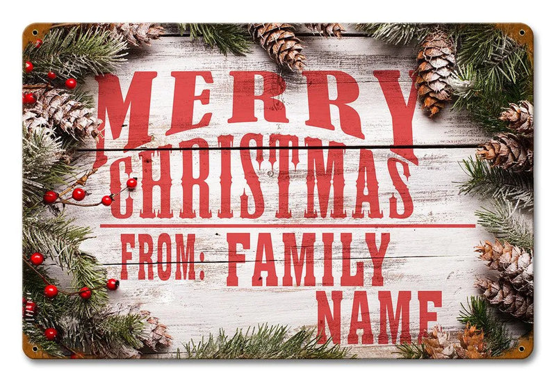 Custom Rustic Holiday Tin Sign, Merry Christmas from Family Personalized Metal Sign, Personalized Xmas Wall Sign, Winter Home Decor Present