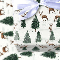Winter Pine Tree Gift Wrap, Woodland Reindeer Christmas Wrapping Paper, Rustic Reindeer Wrapping Paper Roll, Forest Holiday Wrapping Paper