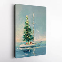 Holiday Tree Coastal Canvas Print, Nautical Christmas Sailboat Canvas Wall Art, Sailing Xmas Poster, Beach Holiday Decor, Digital Download