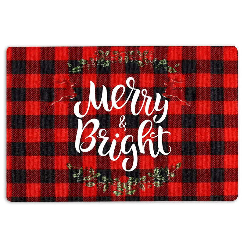 Buffalo Plaid Welcome Mat, Merry and Bright Wreath Christmas Doormat, Holiday Front Door Mat, Winter Porch Entry Rug, Xmas Home Decor