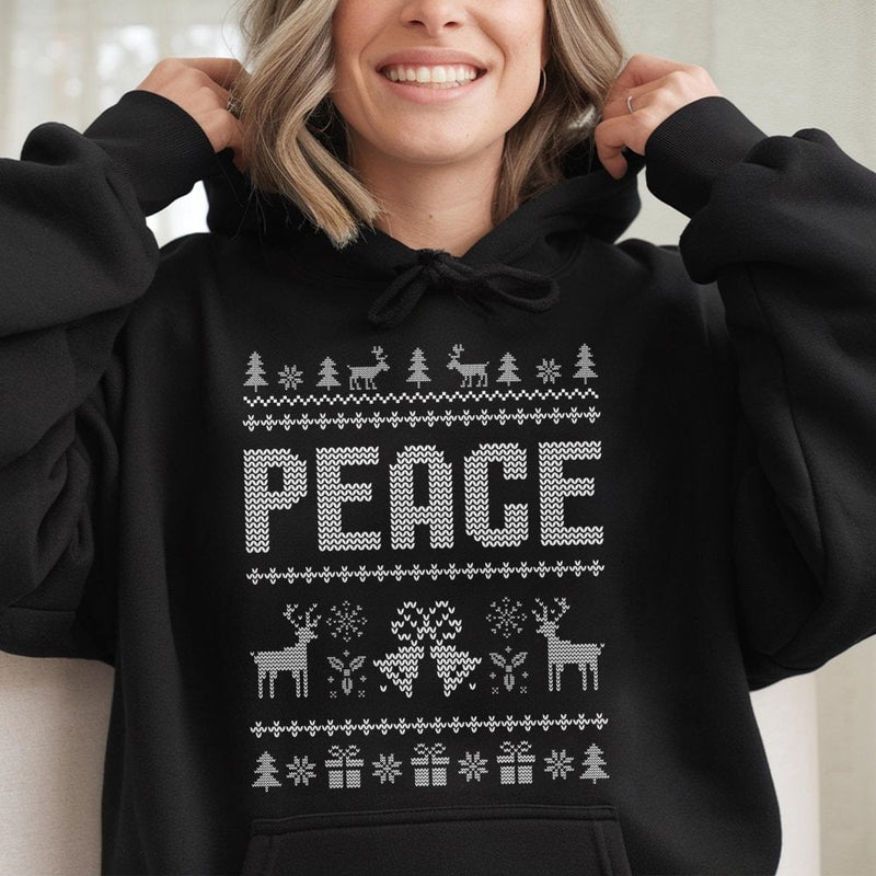 Reindeer Snowflake Pattern Sweatshirt, Peace Ugly Christmas Hoodie, Retro Holiday Fair Isle Pullover, Comfy Xmas Hooded Sweater for Couples