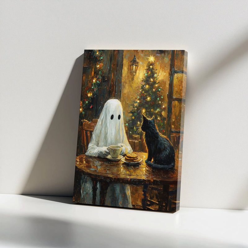 Ghost Coffee Canvas Print, Ghost and Black Cat Canvas Art, Whimsical Holiday Cat Wall Art, Christmas Ghost Poster, Spooky Digital Download