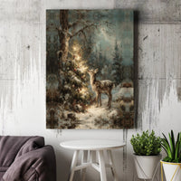 Winter Forest Fawn Wall Art, Christmas Deer Digital Download, Vintage Lit Tree Canvas Wall Art, Holiday Nature Lover Printable Wall Art