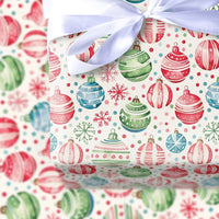 Christmas Ornament Gift Wrap, Watercolor Bauble Wrapping Paper, Festive Snowflake Wrapping Paper, Holiday Confetti Wrapping Paper Roll