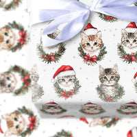 Watercolor Holiday Kitten Gift Wrap, Christmas Cats in Santa Hats Wrapping Paper, Festive Cat Lover Xmas Wrapping Paper Roll