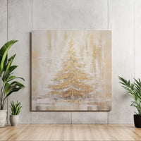 Abstract Snowy Winter Painting Canvas Print, Golden Christmas Tree Square Canvas, Elegant Holiday Season Wall Decor, Xmas Present