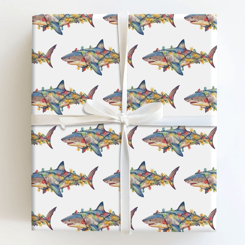 Humorous Holiday Lights Gift Wrap, Christmas Shark Wrapping Paper, Great White Shark Xmas Wrapping Paper, Ocean Animal Holiday Wrapping Paper