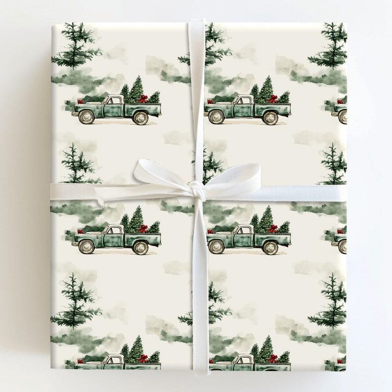 Farmhouse Tree Gift Wrap, Vintage Green Truck Christmas Wrapping Paper, Rustic Pine Holiday Wrapping Paper, Winter Present Gift Wrap Roll