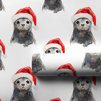 Santa Hat Pup Holiday Gift Wrap, Baby Seal Christmas Wrapping Paper, Adorable Winter Animal Wrapping Paper, Festive Ocean Theme Wrapping Paper