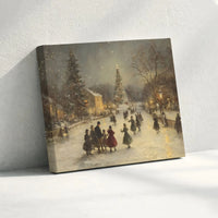 Winter Town Square Canvas Print, Vintage Christmas Ice Skating Canvas, Snowy Holiday Landscape Canvas Wall Art, Festive Seasonal Home Decor