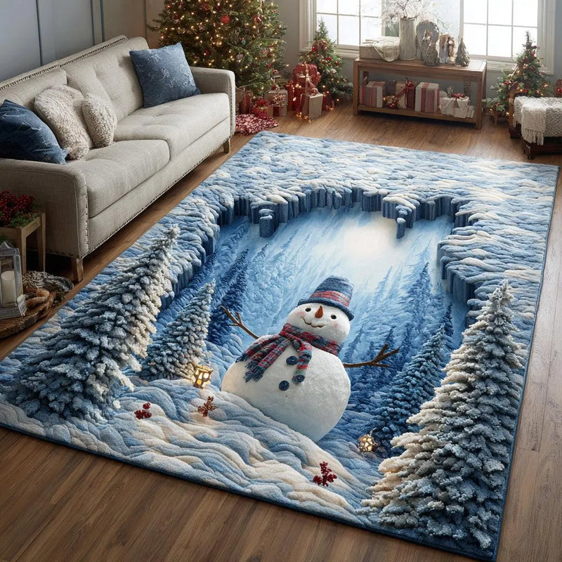 Optical Illusion Winter Area Rug, 3D Snowman Hollow Area Rug, Holiday Wonderland Floor Rug, Comfy Flannel Christmas Rug, Seasonal Decor Present
