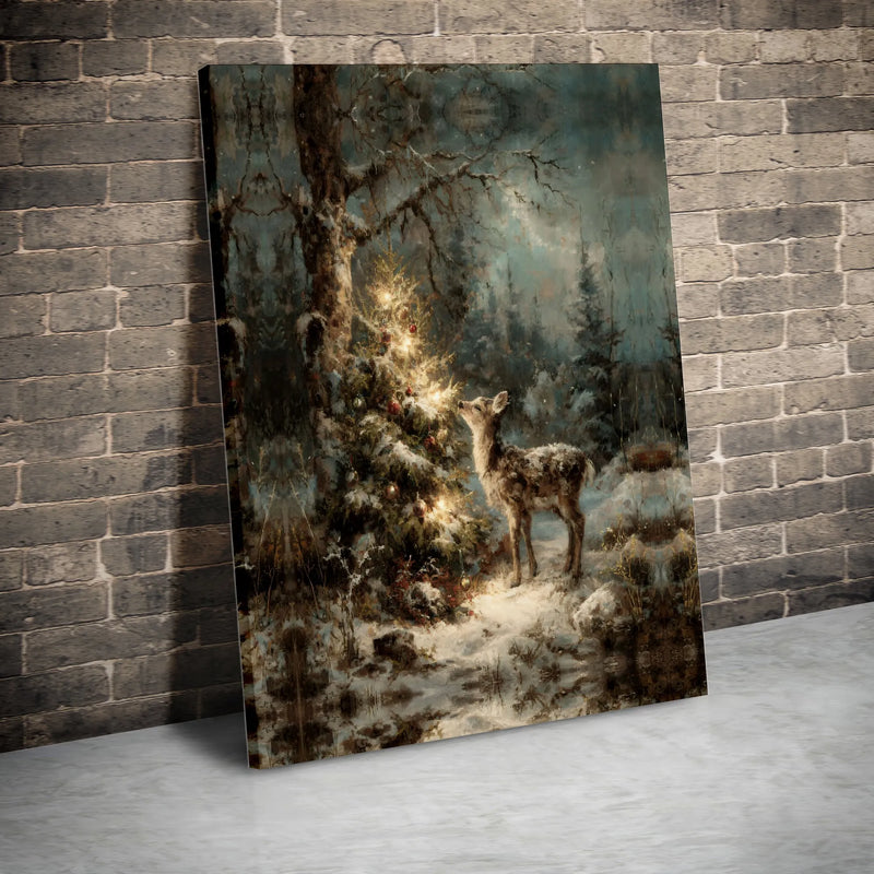 Fawn and Lit Tree Winter Landscape Print, Christmas Forest Canvas Wall Art, Comfy Holiday Forest Decor, Christmas Deer Wall Art Present