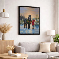 Girl and Black Horse Winter Scene, Christmas Horse Canvas Wall Art, Holiday Equestrian Canvas Print, Horse Lover Decor, Digital Download Art