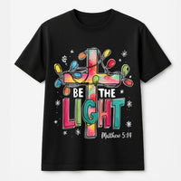 Christmas Lights Christian Cross Graphic Tee, Matthew 5:14 Be the Light T-Shirt, Bible Scripture Religious Shirt, Jesus Faith Tee