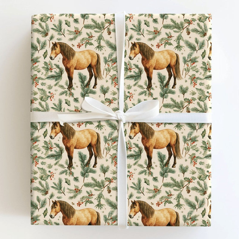 Holly and Pine Holiday Gift Wrap, Rustic Horse Christmas Wrapping Paper, Equestrian Winter Wrapping Paper, Country Woodland Present Wrap