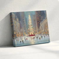 Urban Winter Holiday Canvas Print, Christmas Tree Ice Skating Poster, Comfy Snow Cityscape Wall Art, Seasonal Digital Download