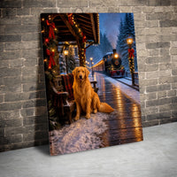 Winter Train Station Dog Wall Art, Golden Retriever Christmas Canvas, Snowy Holiday Golden Retriever Print, Festive Steam Train Canvas Art