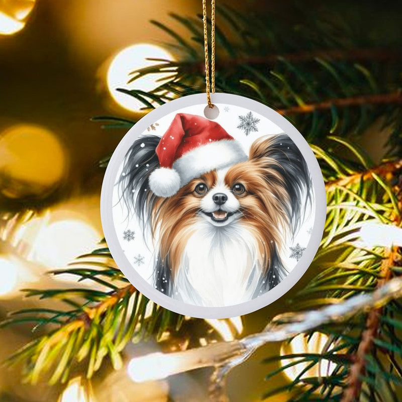 Santa Hat Dog Ornament, Papillon Christmas Ornament, Festive Puppy Tree Ornament, Ceramic Pet Keepsake, Holiday Present for Dog Lover
