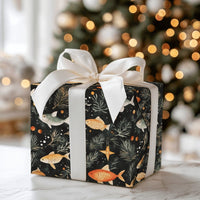 Underwater Christmas Gift Wrap, Whimsical Fish Holiday Wrapping Paper, Pine Branch Star Present Paper, Unique Xmas Gift Wrapping Paper Roll