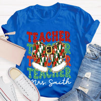Custom Name Holiday Educator Graphic Tee, Personalized Teacher Christmas Bow Shirt, Adorable Winter Classroom T-Shirt, Teacher Xmas Present Idea