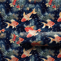 Winter Fish Gift Wrap, Goldfish Holiday Wrapping Paper, Pine Holly Berry Wrapping Paper, Navy Blue Xmas Gift Wrap, Aquatic Christmas Paper
