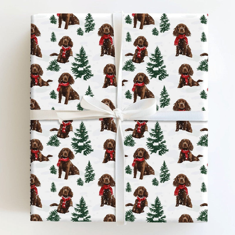 Festive Brown Dog Holiday Gift Wrap, Spaniel Christmas Wrapping Paper, Winter Dog Wrapping Paper, Adorable Spaniel Christmas Gift Wrap Roll