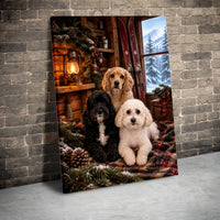 Comfy Christmas Puppy Wall Art, Winter Cabin Dogs Canvas, Rustic Ski Lodge Dog Print, Holiday Dog Lover Canvas Art, Snowy Cabin Decor