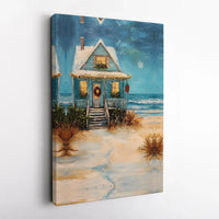 Snowy Seaside Cottage Oil Painting Print, Coastal Christmas Beach House Canvas Wall Art, Nautical Holiday Decor, Digital Download