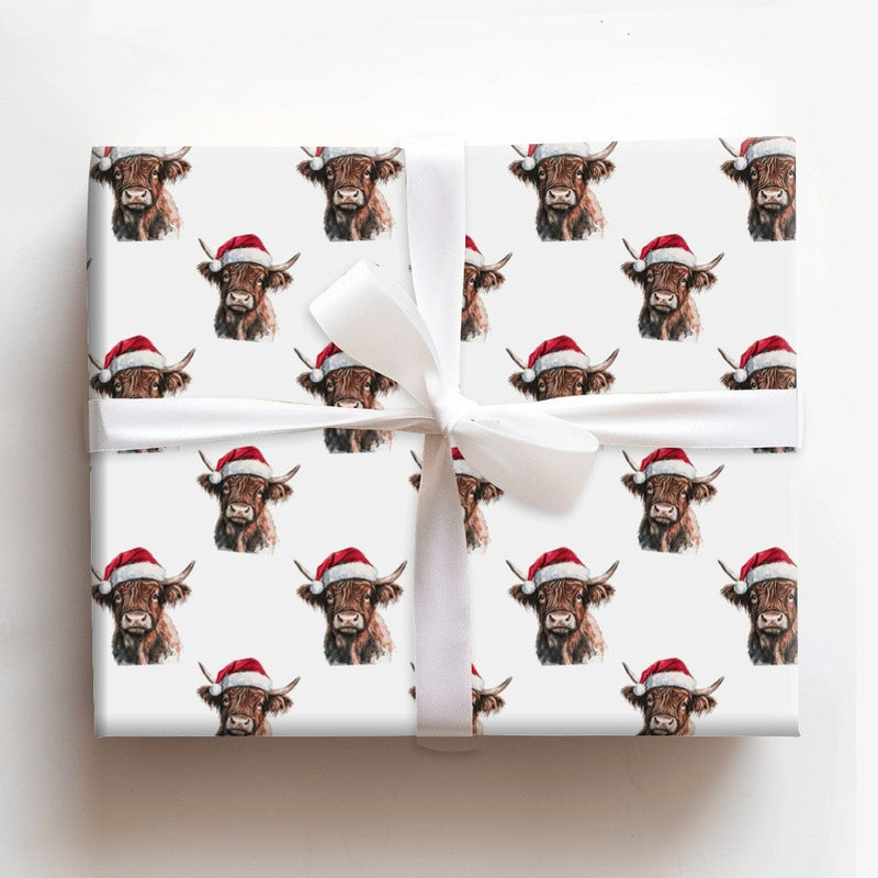 Santa Hat Farmhouse Gift Wrap Roll, Highland Cow Christmas Wrapping Paper, Rustic Cattle Holiday Wrapping Paper, Western Winter Gift Wrap