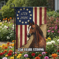Patriotic Horse Garden Flag | 250 Years Strong 1776-2026 USA | Double-Sided Weather Resistant Polyester | Rustic American Heritage Outdoor Yard Decor Gift