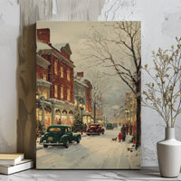 Snowy Street Canvas Print, Vintage Christmas Town Canvas Wall Art, Classic Car Winter Canvas, Holiday Season Wall Decor, Festive Home Present