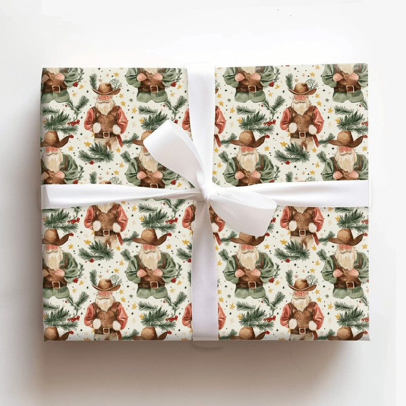 Western Holiday Santa Gift Wrap, Cowboy Santa Wrapping Paper, Rustic Country Christmas Wrapping Paper, Whimsical Pine Berry Gift Wrap Paper