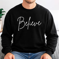 Minimalist Script Xmas Holiday Sweater, Believe Christmas Sweatshirt, Festive Winter Aesthetic Crewneck, Comfy Christmas Graphic Pullover