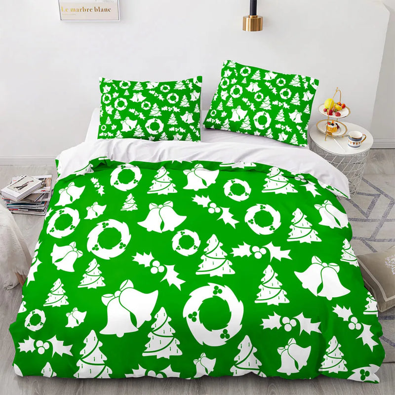 Merry Christmas Bedding Set, Green White Christmas Duvet Cover Set, 3D Holiday Quilt Cover, Winter Bedding Set, Festive Bedroom Decor Present