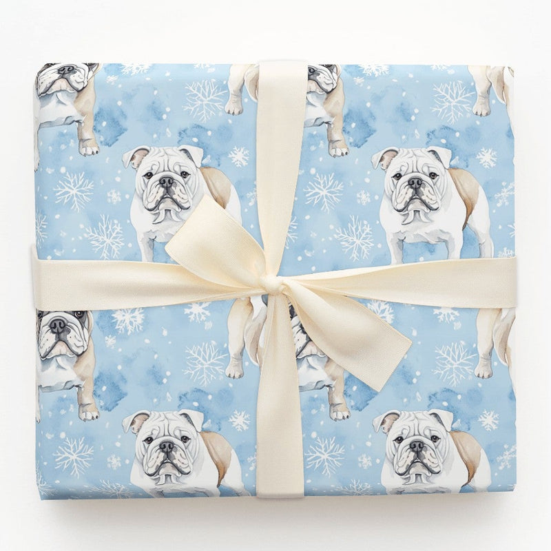 Watercolor Winter Dog Gift Wrap, English Bulldog Wrapping Paper, Adorable Bulldog Holiday Wrapping Paper, Blue Snowflake Christmas Gift Wrap