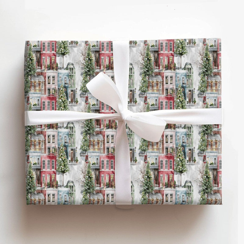 Snowy Winter Townhouse Holiday Gift Wrap, Watercolor Christmas Village Wrapping Paper, Festive Winter City Wrapping Paper, Christmas Wrap