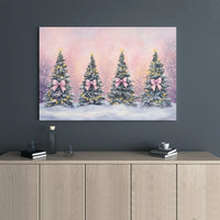 Snowy Holiday Landscape Canvas Print, Pink Bow Christmas Tree Canvas Art, Festive Xmas Tree Canvas Wall Art, Comfy Winter Canvas Decor