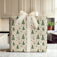 Rustic Winter Forest Gift Wrap, Vintage Christmas Tree Wrapping Paper, Illustrated Pine Tree Wrapping Paper Roll
