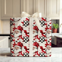 Checkered Flag Racing Gift Wrap, Racing Santa Wrapping Paper, Motorsport Santa Christmas Wrapping Paper, Auto Racing Holiday Gift Wrap
