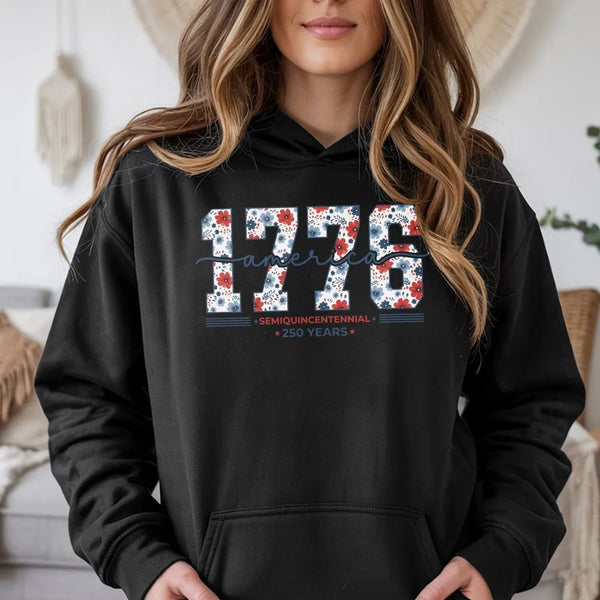 America 1776 Hoodie | Semiquincentennial 250 Years Floral Patriotic Design | Premium Cotton-Polyester Blend | Gift for American History Lovers