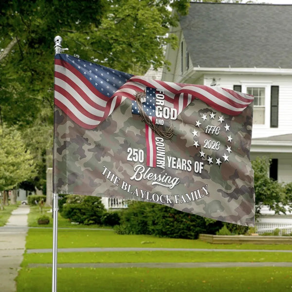 Patriotic Cross House Flag | For God and Country 250 Years of Blessing1776-2026 Camo American Flag Design | Weather-Resistant Double-Sided Outdoor Flag | Gift for Christian Patriots and Military Families