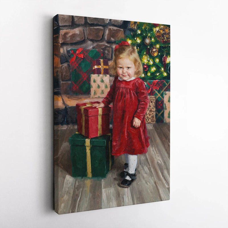 Festive Christmas Girl Wall Art, Vintage Christmas Girl Canvas Print, Oil Painting Girl Portrait, Digital Download Printable Holiday Decor