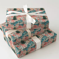 Watercolor Italy Canal Wrapping Paper, Venice Christmas Wrapping Paper, Festive European City Gift Wrap, Holiday Canal Boat Wrapping Paper