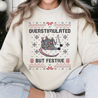 Overstimulated Festive Possum Holiday Sweater, Opossum Ugly Christmas Sweatshirt, Humorous Sarcastic Xmas Crewneck